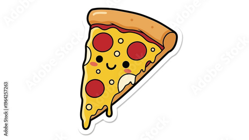 A yellow cartoon vector illustration of a delicious cheese pizza slice on a design plate as a savory meal or snack.