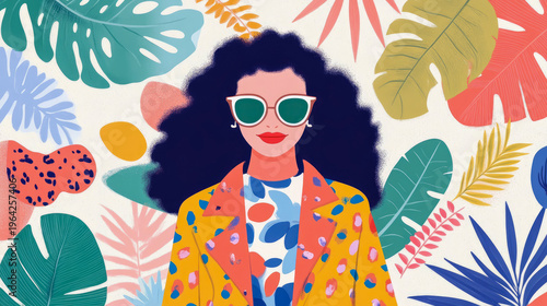 Stylish woman with dark curly hair and green sunglasses, wearing vibrant patterned jacket and dress, surrounded by colorful and abstract tropical foliage background, exuding modern bohemian flair and 