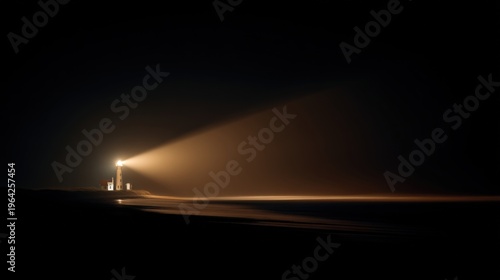 Lone lighthouse casting wide light beam across dark foggy sea at night, moody dramatic coastal landscape with copy space