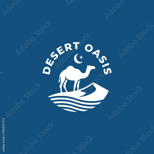 This logo design features a camel standing in a serene desert landscape, representing a tranquil oasis under the moon, ideal for businesses related to travel and adventure.
