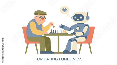 Elderly man playing chess with a friendly AI robot, illustrating how technology offers companionship, mental stimulation, and combats loneliness for seniors