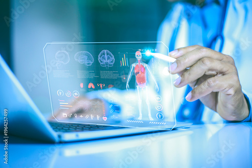 Photos Medical longevity concept showing a doctor’s hand touching a glowing virtual interface  Body Scan on a blue technology background