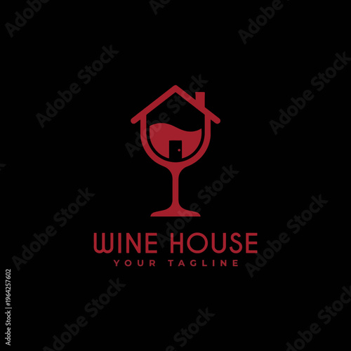 A sleek logo design for a wine house, featuring a wine glass within a home structure, emphasizing the inviting nature of wine culture and hospitality in a modern context.