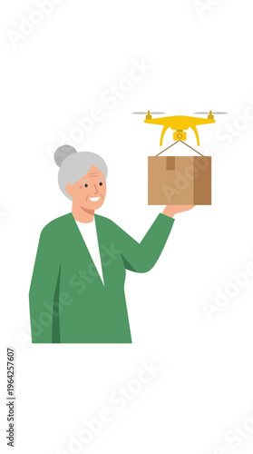 Smiling senior woman receives a cardboard package delivered by a yellow drone, symbolizing convenient and futuristic automated home delivery services for elderly customers in the modern age