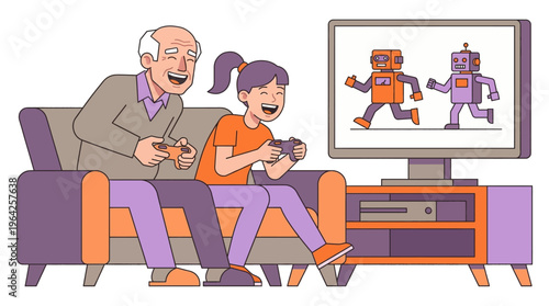 Joyful intergenerational bonding as a senior man and a young girl share a fun video game session on the couch, creating cherished family memories together