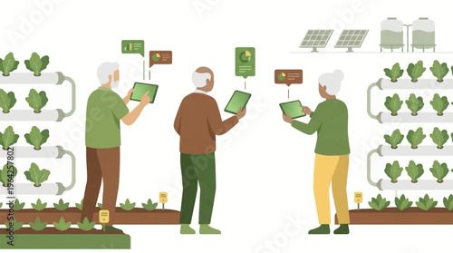 Seniors manage sustainable vertical farms with digital tablets, embracing smart agriculture technology for efficient, eco-friendly food production and modern agricultural innovation