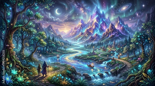 Magical fantasy landscape with a glowing river, vibrant aurora borealis, and two figures embarking on an adventure.
