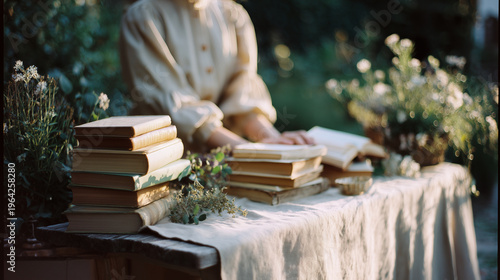 people in cream and sage linen outfits sitting at garden table with books and plants, cozy summer reading film photography concept