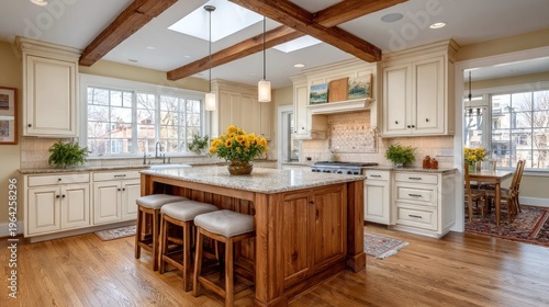 Modern kitchen interior with wooden beams, bright natural light, and elegant design featuring a central island and warm decor