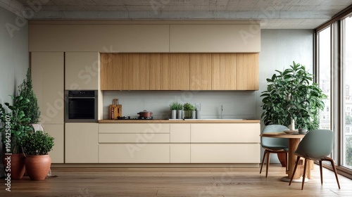 Modern minimalist kitchen interior with wooden accents and green plants in a bright and airy urban apartment space