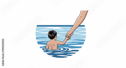 A child's hand held by an adult's as they enter water
