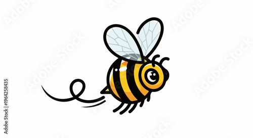 A cheerful, cartoonish bee with black and yellow stripes flies through the air