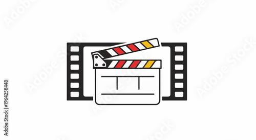 A cinematic clapperboard with film strip borders and red, white, yellow stripes