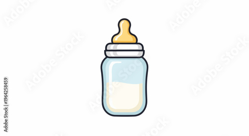 A clear baby bottle with a white nipple and liquid inside