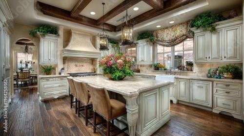 Elegant Modern Kitchen with Natural Wooden Beams and Bright Floral Centerpiece in Luxurious Home Interior Design