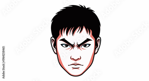 A close-up digital illustration of a young man's face with an intense expression