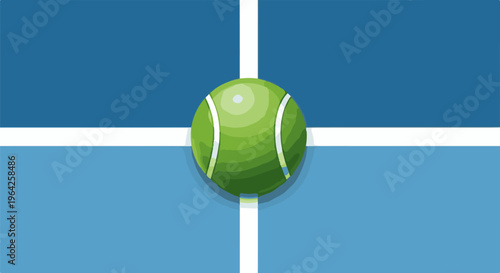 A close-up of a vibrant green tennis ball on a blue court with white lines