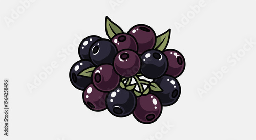 A cluster of ripe, dark berries with glossy skins and small green leaves