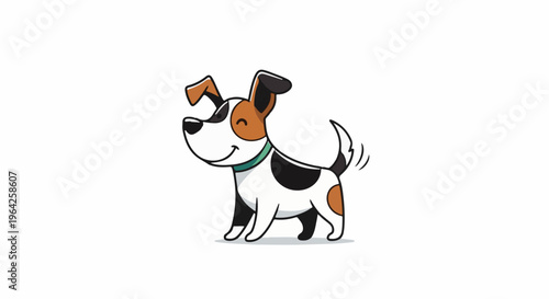 A cute cartoon Jack Russell terrier with brown and black patches smiles happily