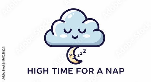 A cute cloud and crescent moon are sleeping peacefully, ready for a nap