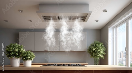 Modern Kitchen with Extractor Fan and Steam Cloud Above Cooking Surface in Bright Open Space