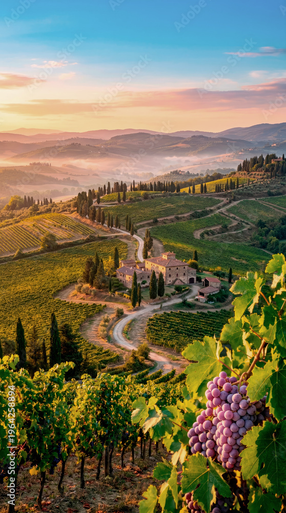 Fototapeta premium Tuscan vineyard landscape at sunrise with rolling hills and a farmhouse