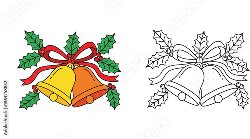 Christmas bells with holly leaves and red ribbon bow illustration set including colored and line art versions for coloring book or festive holiday decoration isolated on white background