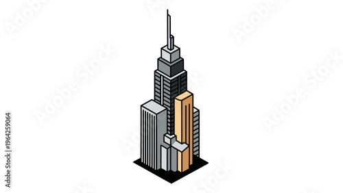A high blue sky frames a tall urban skyscraper and the architecture of a landmark city hall tower near a business office building and a religious mosque minaret in this vector cityscape illustration.