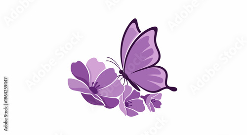 Delicate purple butterfly rests on blooming flowers against a white backdrop
