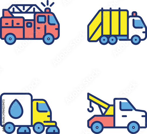 Four specialized utility and emergency service vehicles in a lineup