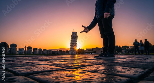 Man walking on wet pavement.