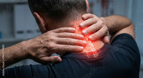 Close up of a man suffering from severe neck pain. Unrecognizable person holding aching cervical spine with red glowing highlight indicating muscle spasm and inflammation