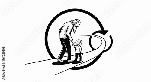 Elder guiding child on path, symbolic cycle of life depicted
