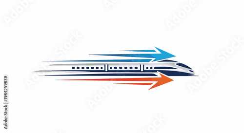 A stylized, modern train moves fast with blue and orange streaks