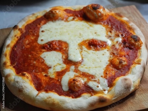 Pizza with melted mozzarella cheese shaping a face