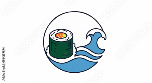 Stylized sushi roll with orange and yellow filling on a wave