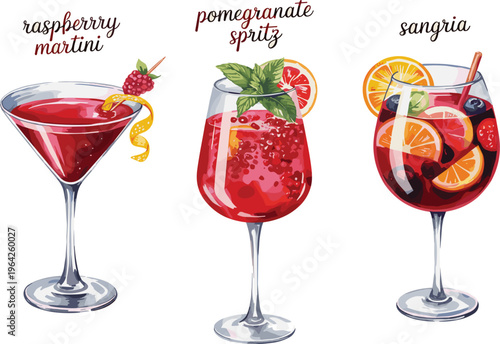 Red cocktail vector collection, raspberry martini, pomegranate spritz, and sangria with fresh fruit, on white