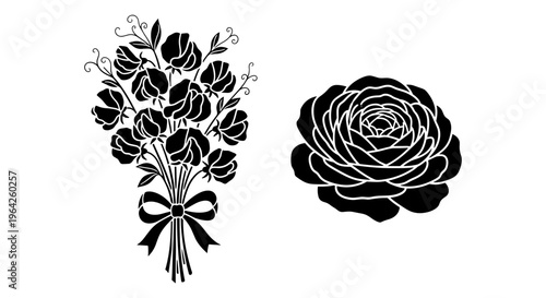 Vintage floral silhouette set, black rose head and sweet pea flower bouquet with ribbon, botanical vector illustrations for wedding stationery