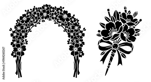 Floral wedding arch and bridal bouquet silhouettes, black flower arrangement vector set, elegant botanical garden ceremony decor elements