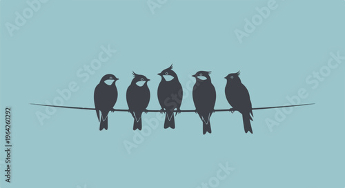 Five dark silhouette birds perched on a thin horizontal wire