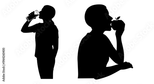 Healthy lifestyle silhouettes of woman eating apple and drinking water, black profile icons of female nutrition and hydration habits