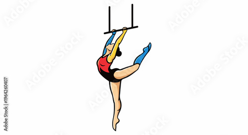 Aerial gymnast in vibrant leotard balances on trapeze bar