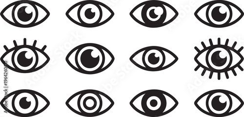 Collection of Diverse Black Eye Icons on White Background