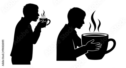 Black silhouette of man drinking coffee, person holding steaming hot tea mug, male figure enjoying warm beverage vector set