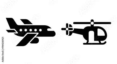 Aviation transport icons set, black airplane and helicopter vector silhouettes, commercial flight and air travel symbols on white background
