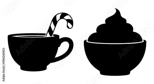 Minimalist hot chocolate cup silhouettes, winter cocoa mug with candy cane and whipped cream, black and white holiday beverage vector icons