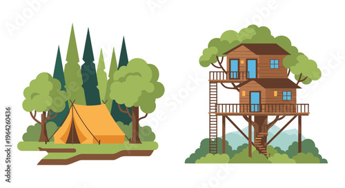Camping tent and wooden treehouse vector set, outdoor forest glamping icons, wilderness adventure and nature retreat illustrations