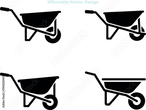 Silhouette set of heavy duty wheelbarrows and yard carts. Vector set of construction tools and gardening equipment. Manual transport symbols. Professional vector illustration