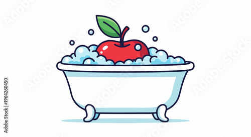 Red apple with a green leaf sits in a bathtub full of bubbles and water