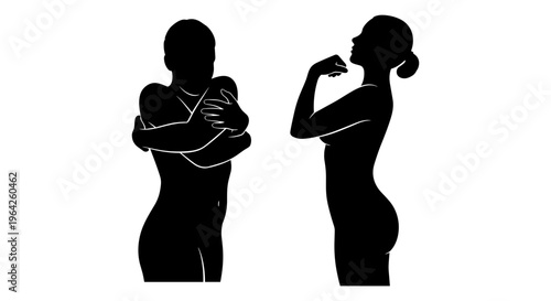 Self-love and body positivity silhouettes, woman hugging herself and posing with confidence, black vector female figures for mental health and self-care concepts